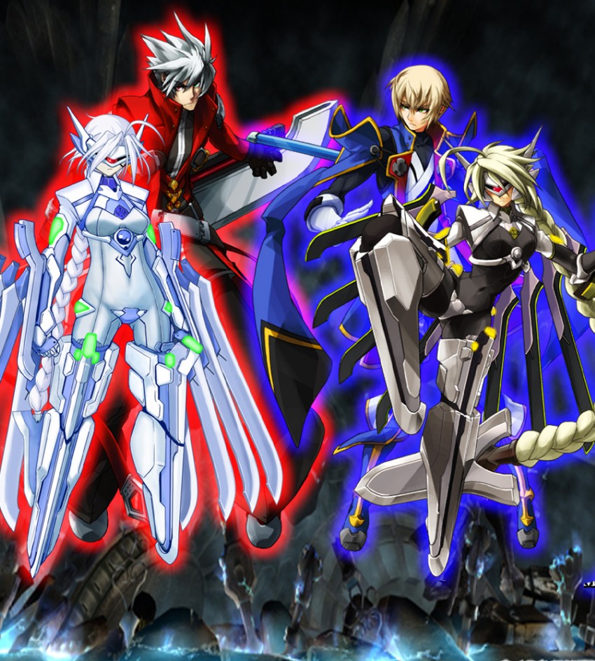 ragna the bloodedge, nu-13, jin kisaragi, and lambda-11 (blazblue)
