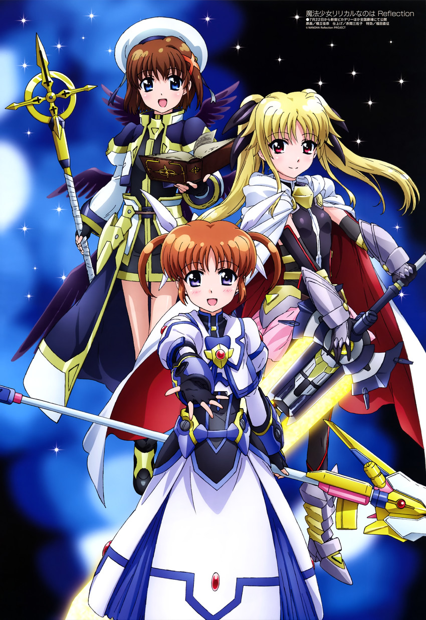 fate testarossa, takamachi nanoha, yagami hayate, raising heart, bardiche, and 2 more (lyrical nanoha and 2 more) drawn by hashidate_kana