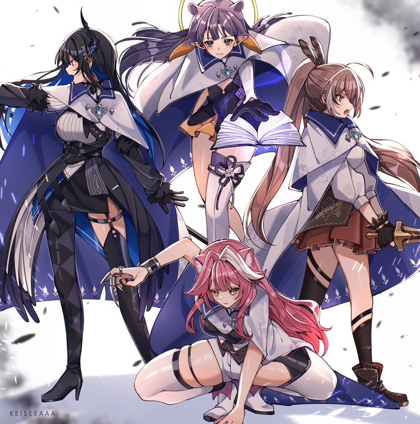 ninomae ina'nis, nanashi mumei, nerissa ravencroft, and raora panthera (hololive and 2 more) drawn by keisea