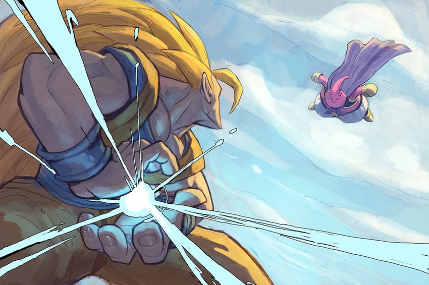 son goku, majin buu, and fat buu (dragon ball and 1 more) drawn by garrett_hanna