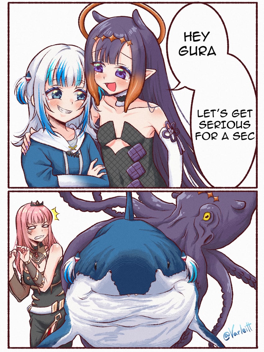 gawr gura, mori calliope, and ninomae ina'nis (hololive and 1 more) drawn by varliet