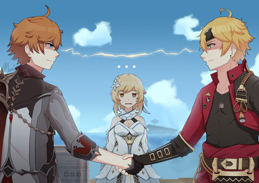 lumine, tartaglia, and thoma (genshin impact) drawn by monsidraws
