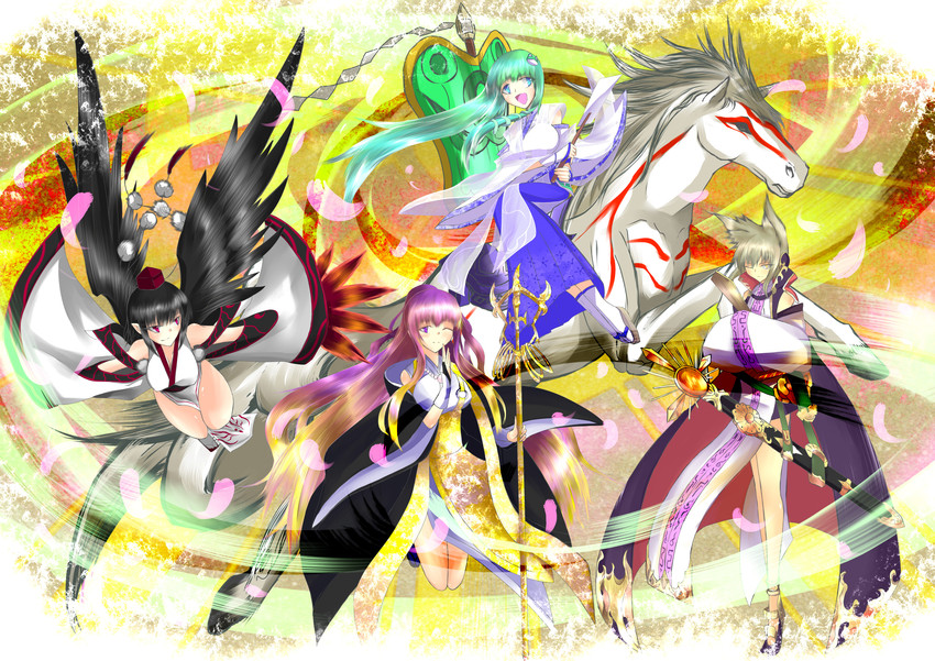 kochiya sanae, shameimaru aya, hijiri byakuren, toyosatomimi no miko, and kazegami (touhou and 1 more) drawn by nonbiri-silver