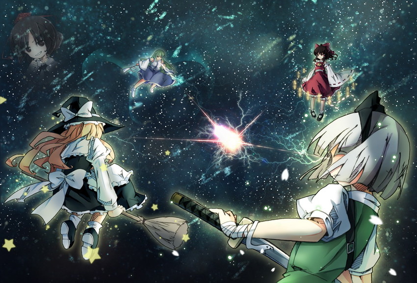 hakurei reimu, kirisame marisa, kochiya sanae, konpaku youmu, and shameimaru aya (touhou) drawn by bondson