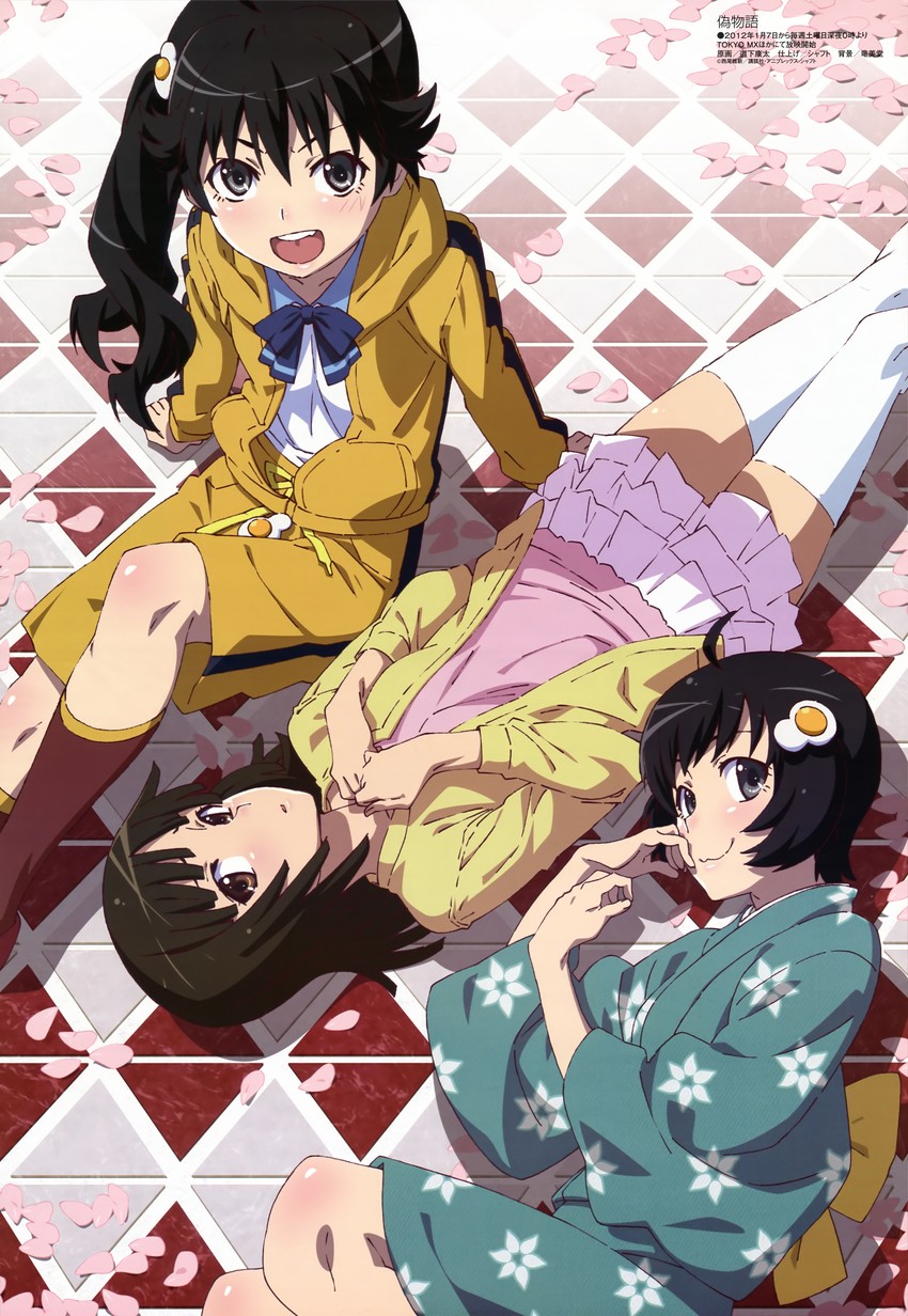 sengoku nadeko, araragi karen, and araragi tsukihi (monogatari and 3 more) drawn by michishita_kouta