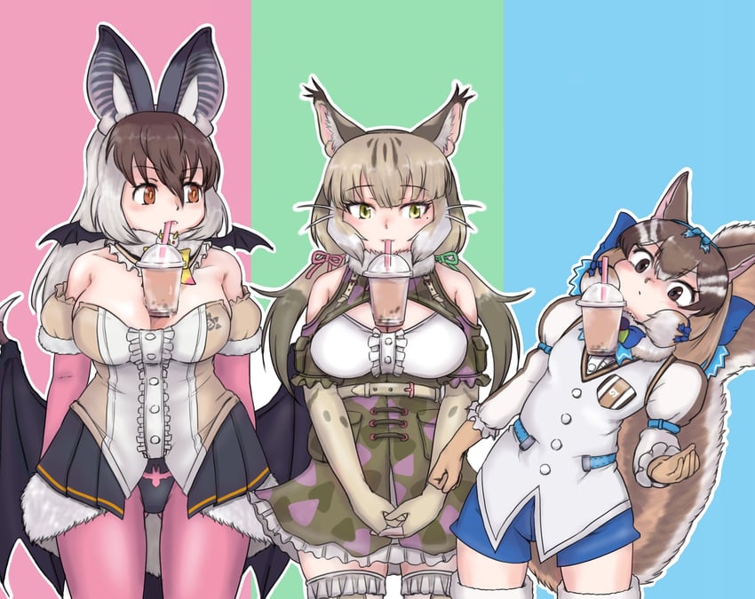 brown long-eared bat, siberian chipmunk, and jungle cat (kemono friends and 1 more) drawn by saja_(166j357)