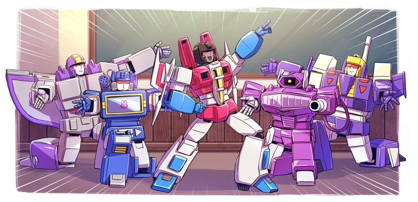 starscream, soundwave, shockwave, blitzwing, and astrotrain (suzumiya haruhi no yuuutsu and 2 more) drawn by aoi_rena