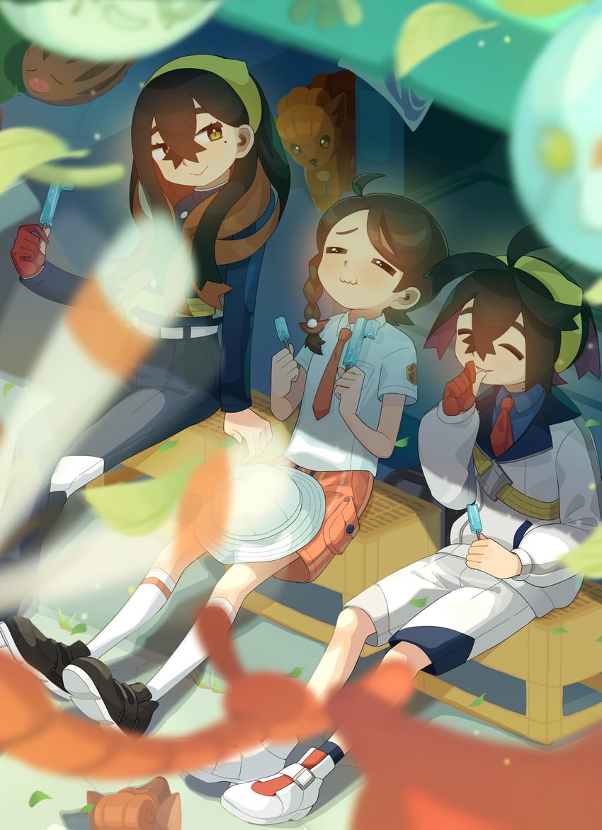 kieran, juliana, carmine, vulpix, and swinub (pokemon and 1 more) drawn by suzuran_moi