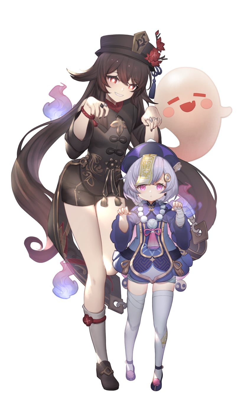 hu tao, boo tao, and qiqi (genshin impact) drawn by peruru