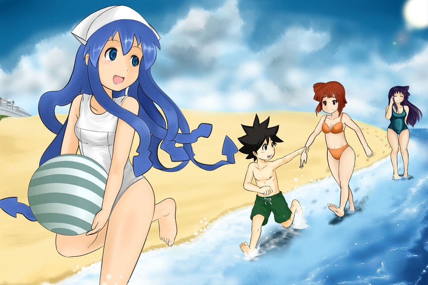 ikamusume, aizawa eiko, aizawa chizuru, and aizawa takeru (shinryaku! ikamusume) drawn by meganemausu