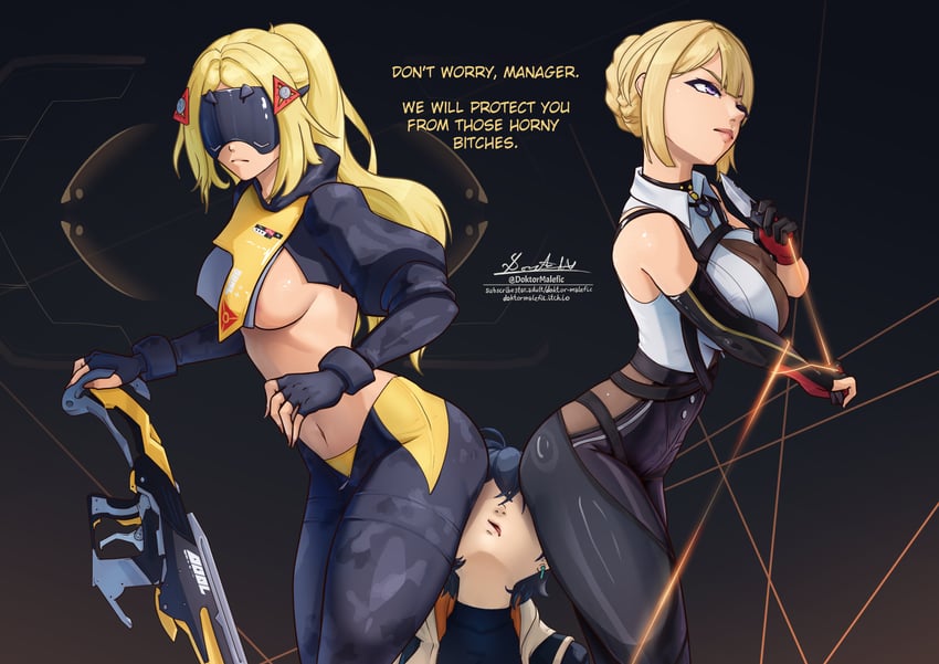 belle, evelyn chevalier, and trigger (zenless zone zero) drawn by doktor_malefic