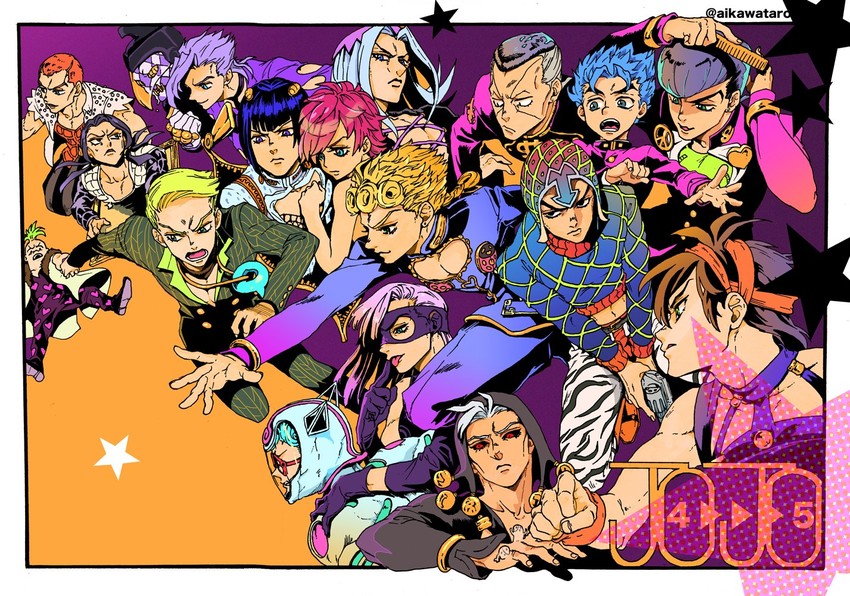 giorno giovanna, higashikata josuke, bruno bucciarati, guido mista, narancia ghirga, and 15 more (jojo no kimyou na bouken and 2 more) drawn by aikawa_taro