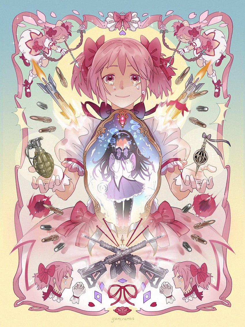 akemi homura, kaname madoka, and kyubey (mahou shoujo madoka magica) drawn by yamcrumbs
