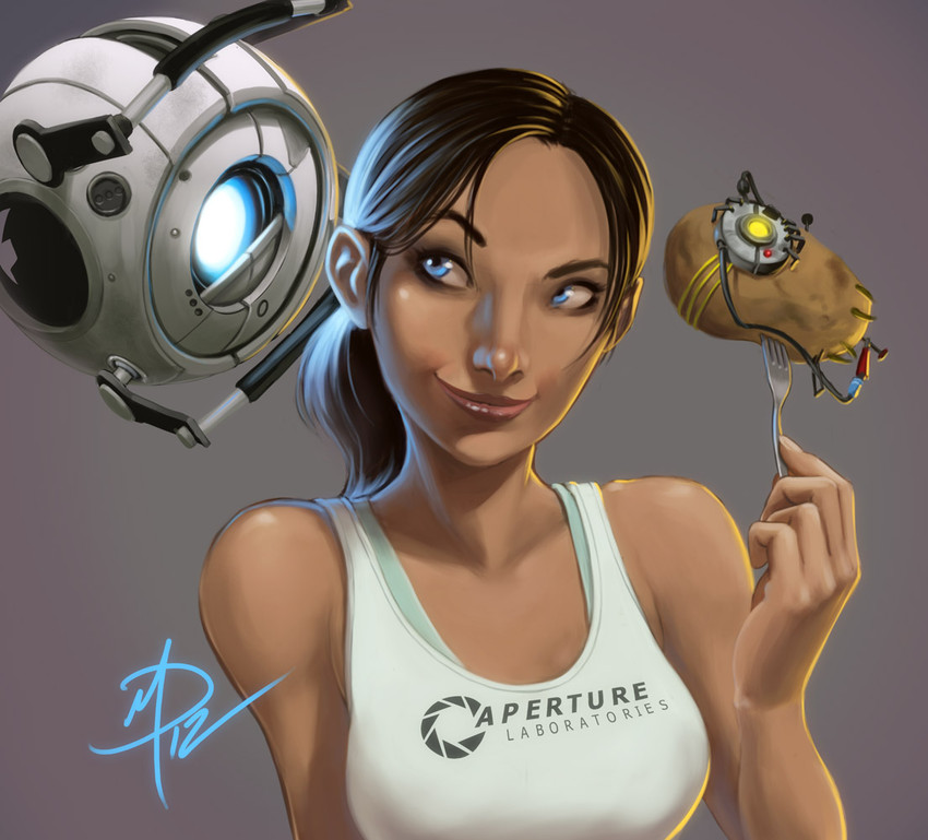 glados, chell, and wheatley (portal and 2 more) drawn by polarityplus
