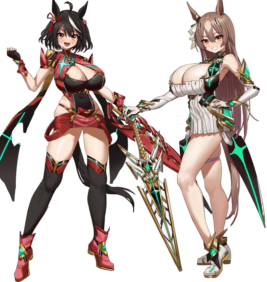 pyra, mythra, satono diamond, and kitasan black (umamusume and 2 more) drawn by feipin_zhanshi