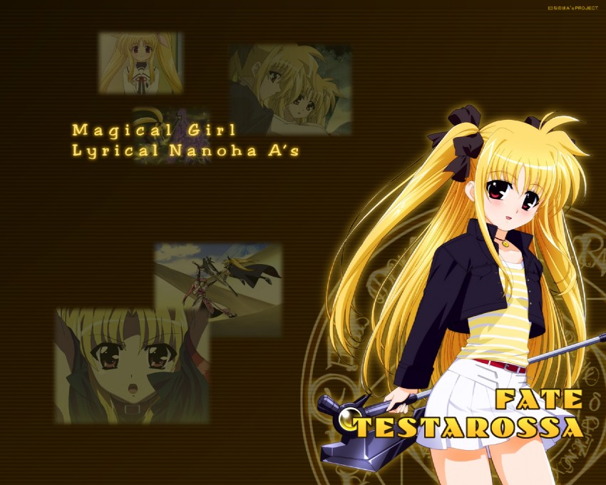 fate testarossa, signum, laevatein, alicia testarossa, and bardiche (lyrical nanoha and 2 more) drawn by okuda_yasuhiro