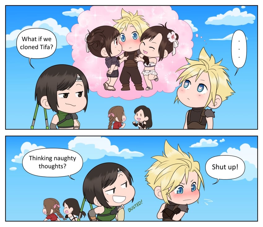 tifa lockhart, cloud strife, aerith gainsborough, and yuffie kisaragi (final fantasy and 3 more) drawn by eepz