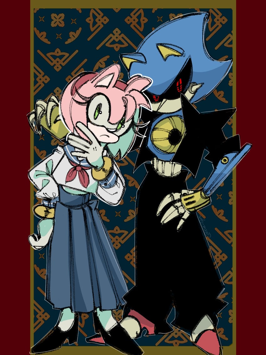amy rose and metal sonic (sonic) drawn by xue_gin
