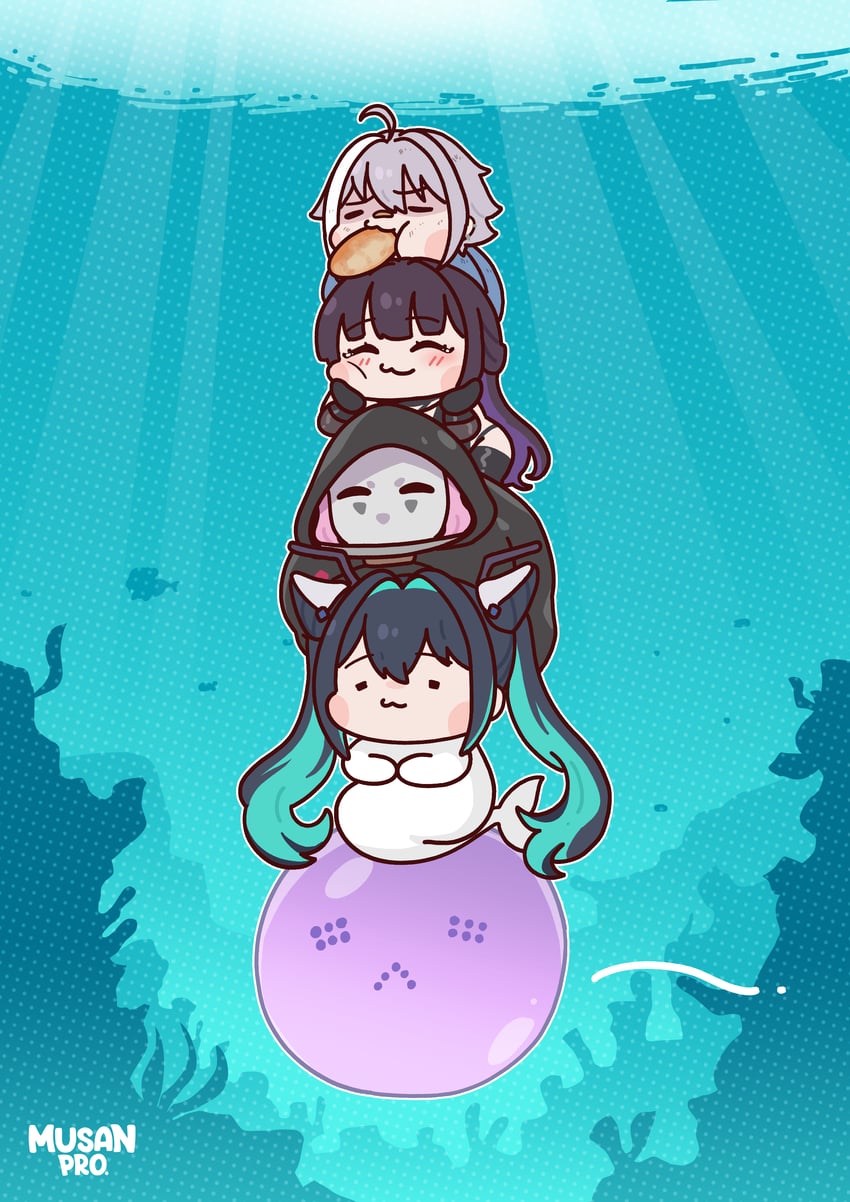 little mermaid, doro, mihara, mori, and yuni (goddess of victory: nikke) drawn by musan_pro