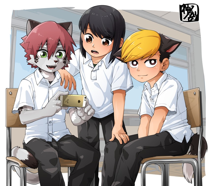 motoe yuki, arashiki haruto, and kazeoka garou (kemono-human school) drawn by kaminosaki