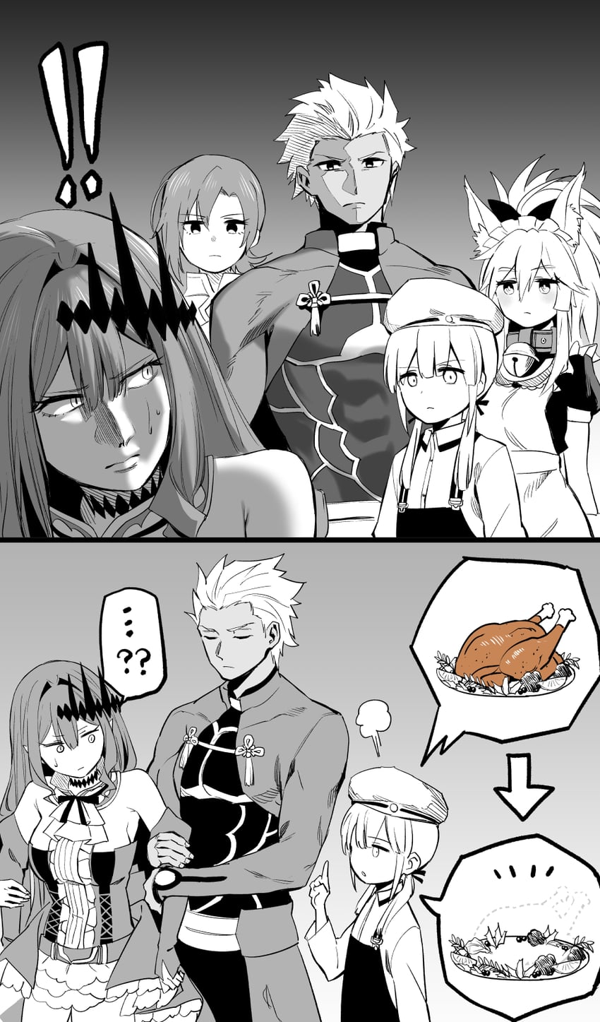tamamo, archer, baobhan sith, tamamo cat, boudica, and 2 more (fate and 1 more) drawn by hirunagi