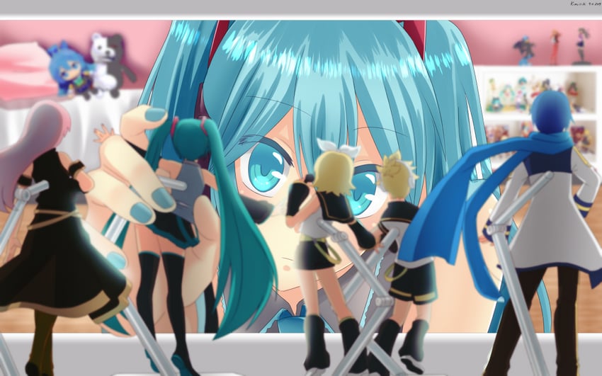 hatsune miku, kagamine rin, kagamine len, megurine luka, kaito, and 2 more (vocaloid and 2 more) drawn by kimoicchi