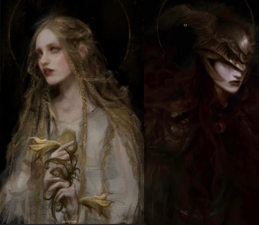 malenia blade of miquella and miquella (elden ring) drawn by eldrtchmoon