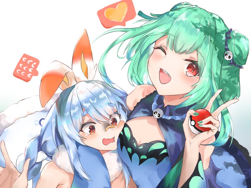 usada pekora, uruha rushia, and scorbunny (pokemon and 1 more) drawn by elphe