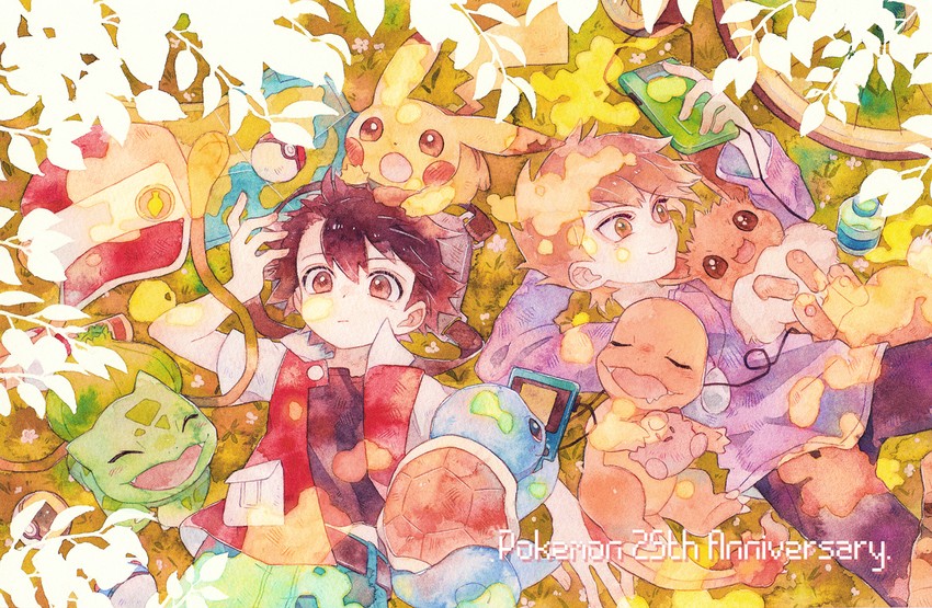 pikachu, red, eevee, blue oak, bulbasaur, and 2 more (pokemon and 1 more) drawn by oharu-chan