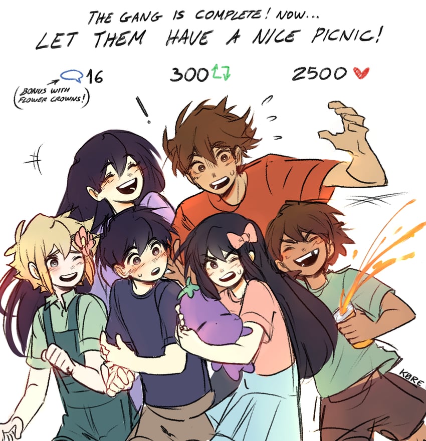 sunny, basil, aubrey, kel, mari, and 2 more (omori) drawn by k0re_drawings