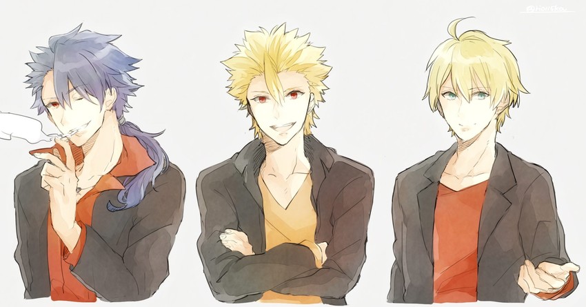 cu chulainn, arthur pendragon, and gilgamesh (fate and 1 more) drawn by banira_(ri0115ka)
