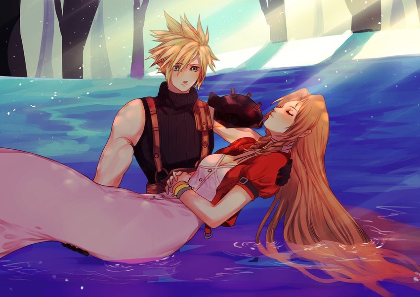 cloud strife and aerith gainsborough (final fantasy and 1 more) drawn by sera_(serappi)