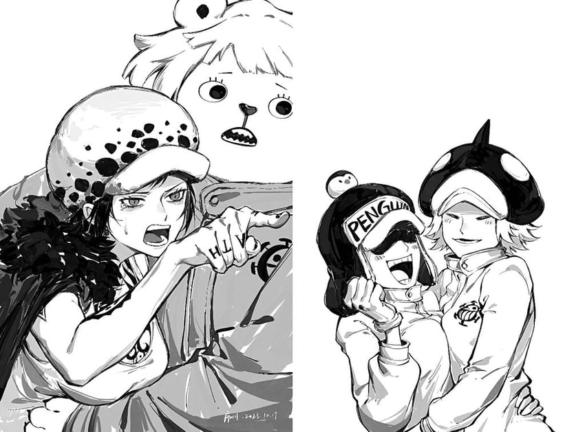 trafalgar law, law-chan, bepo, penguin, and shachi (one piece) drawn by xuchuan