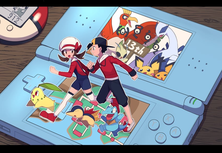 pikachu, ethan, lyra, cyndaquil, chikorita, and 9 more (pokemon and 1 more) drawn by tyako_089
