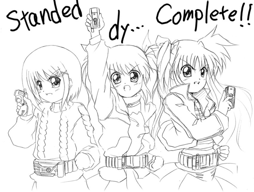 fate testarossa, takamachi nanoha, yagami hayate, kamen rider faiz, kamen rider kaixa, and 3 more (lyrical nanoha and 4 more)
