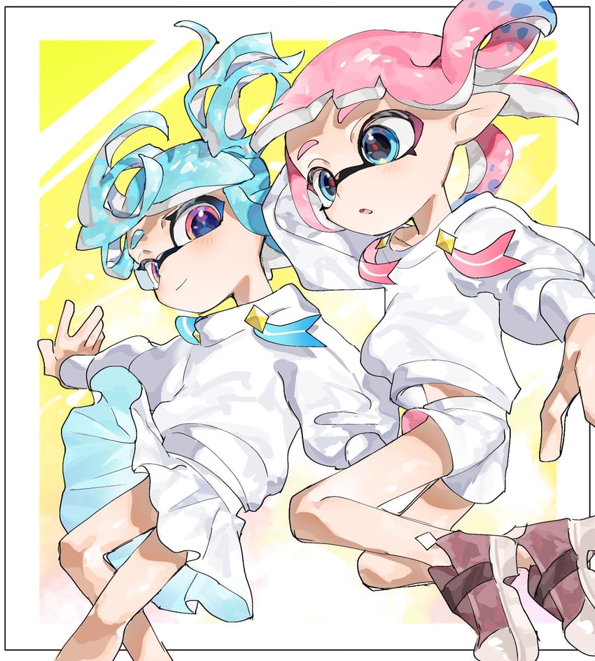 inkling player character and inkling girl (splatoon) drawn by kf_nkm