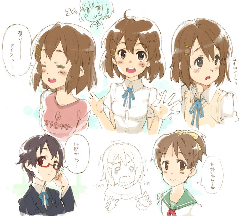 hirasawa yui, hirasawa ui, and manabe nodoka (k-on!) drawn by murasawa_hiroshi
