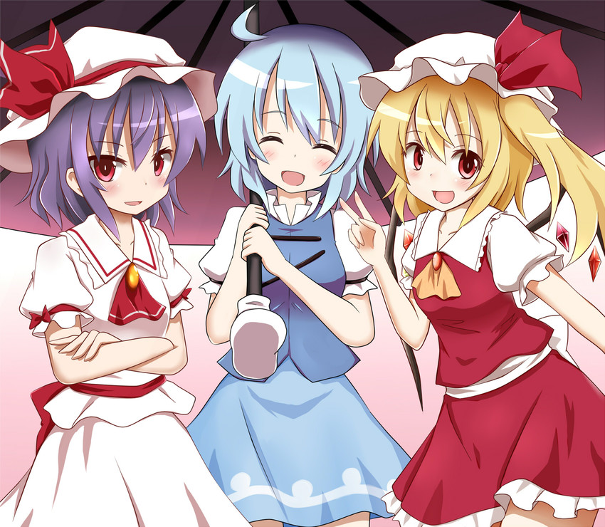 remilia scarlet, flandre scarlet, and tatara kogasa (touhou) drawn by hachimi