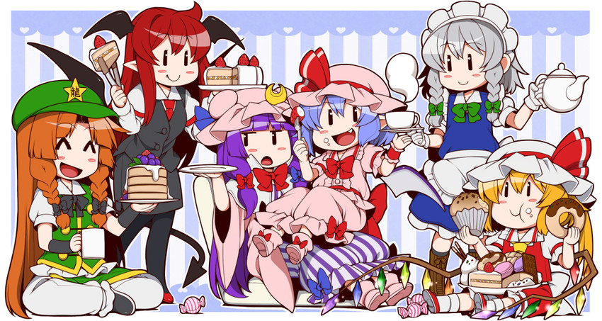 remilia scarlet, flandre scarlet, izayoi sakuya, patchouli knowledge, hong meiling, and 1 more (touhou) drawn by eichi_yuu
