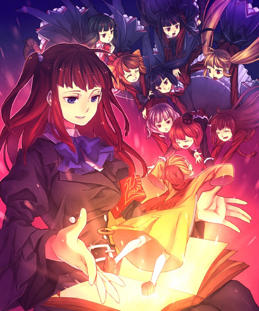 ushiromiya ange, ushiromiya maria, sakutarou, mammon, lucifer, and 5 more (umineko no naku koro ni) drawn by misti