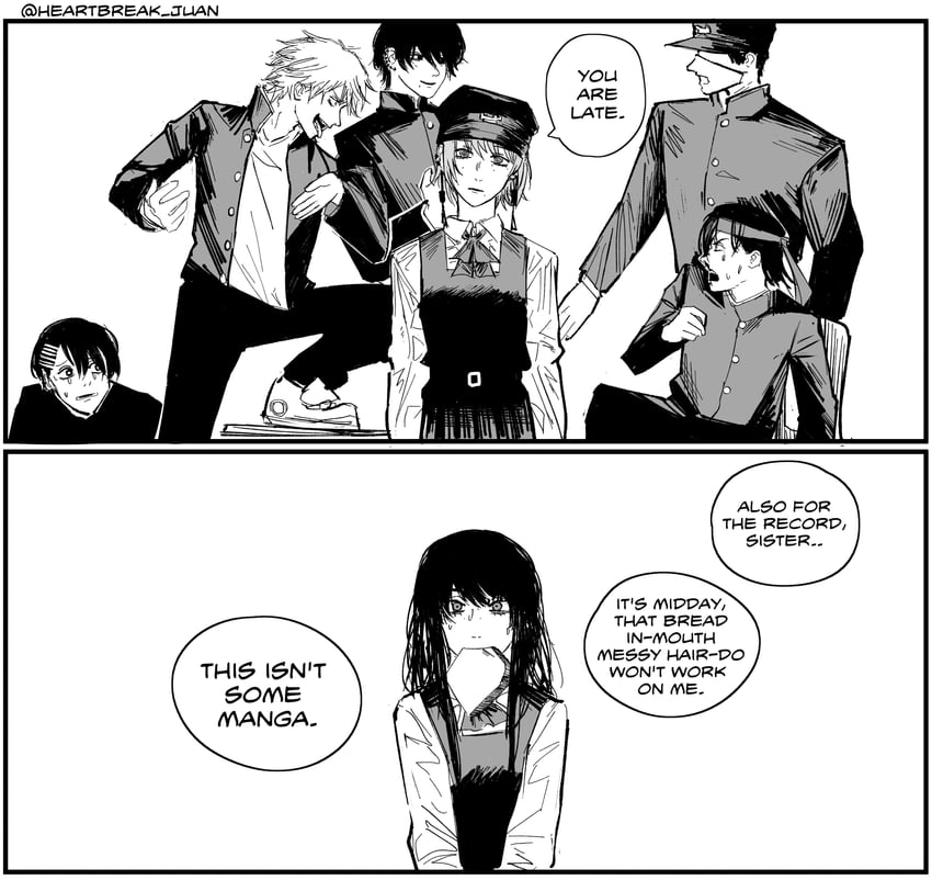 denji, mitaka asa, fami, yoshida hirofumi, higashiyama nobana, and 2 more (chainsaw man) drawn by heartbreak_juan
