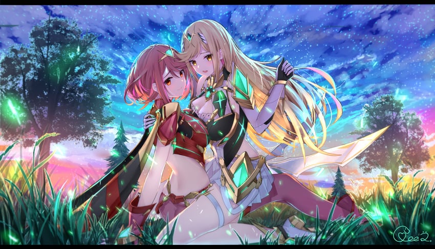 pyra and mythra (xenoblade chronicles and 1 more) drawn by geez