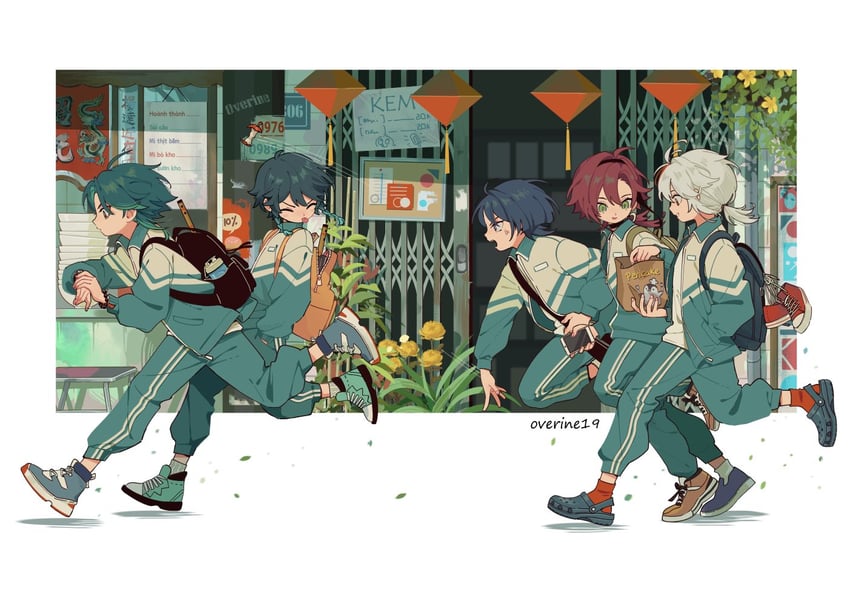 scaramouche, venti, xiao, kaedehara kazuha, and shikanoin heizou (genshin impact) drawn by overine19