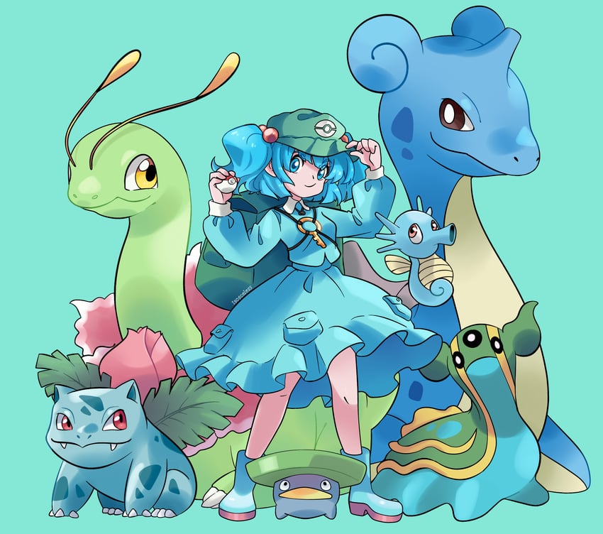 kawashiro nitori, bulbasaur, lapras, ivysaur, meganium, and 3 more (touhou and 1 more) drawn by isosceless