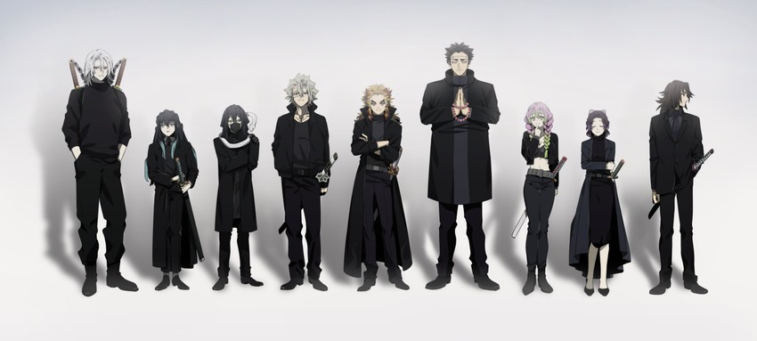 kochou shinobu, kanroji mitsuri, rengoku kyoujurou, tomioka giyuu, tokitou muichirou, and 5 more (kimetsu no yaiba) drawn by yama_(y_yyyama)