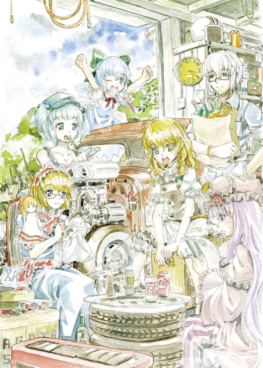 kirisame marisa, alice margatroid, cirno, patchouli knowledge, kawashiro nitori, and 2 more (touhou and 1 more) drawn by master_(4th)