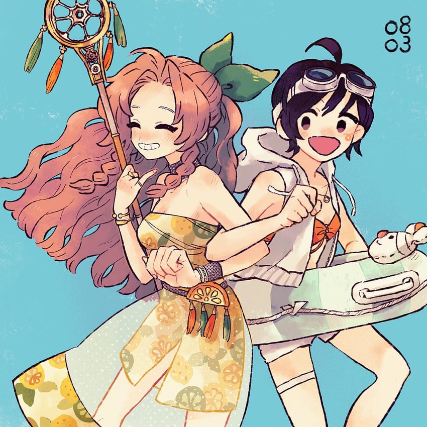 aerith gainsborough, yuffie kisaragi, and moogle (final fantasy and 2 more) drawn by nobu_(25mark)