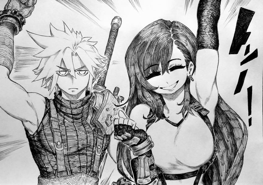 tifa lockhart and cloud strife (final fantasy and 2 more) drawn by chronozbergh