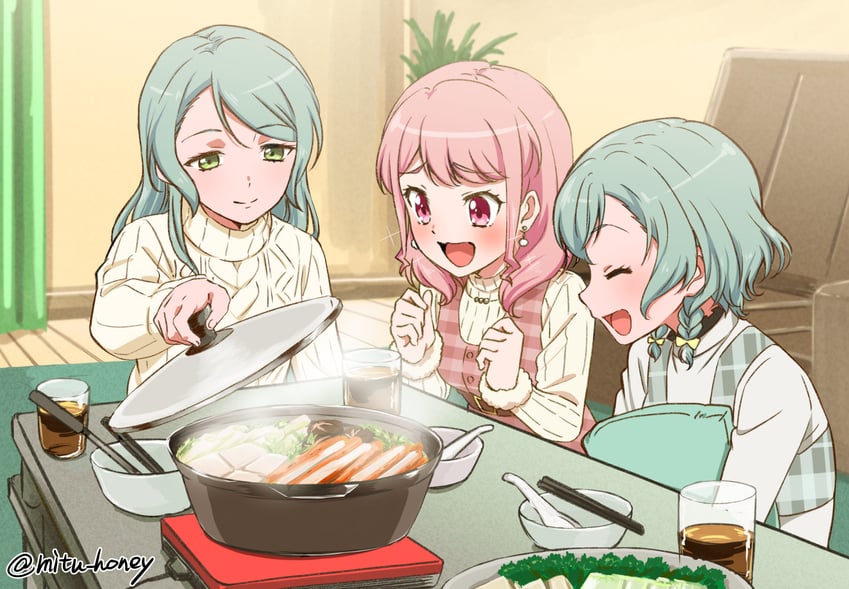 hikawa sayo, hikawa hina, and maruyama aya (bang dream!) drawn by hikari_(mitsu_honey)