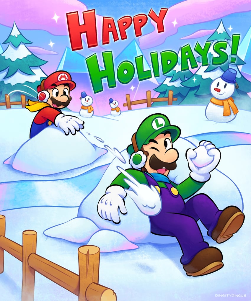 mario, luigi, and snowman (mario and 2 more) drawn by vinny_(dingitydingus)
